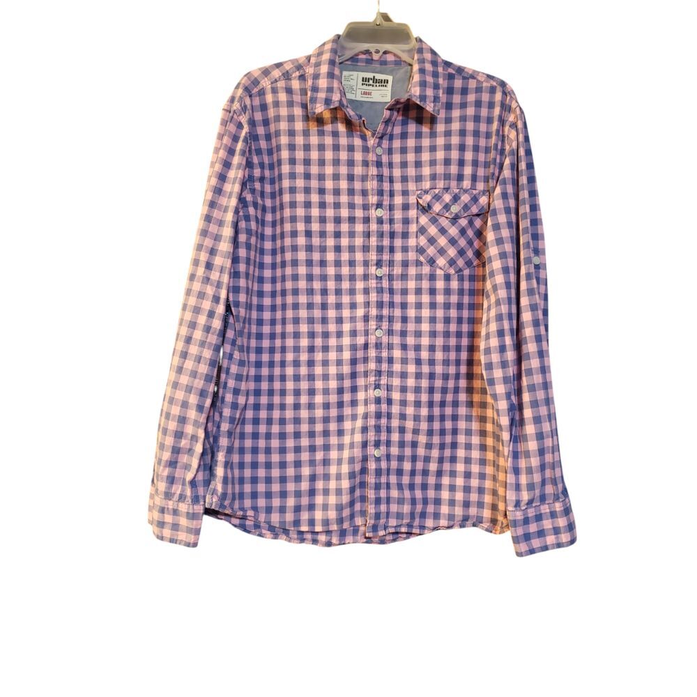 Urban Pipeline Womens Shirt L Blue Plaid Long Sleeve Button Up Pockets Collared